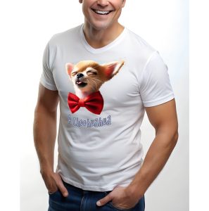 T-shirt for Chihuahua owners with a sense of humor, showing an adorable Chihuahua with a red bow tie and the text 'A Choohuahua.'